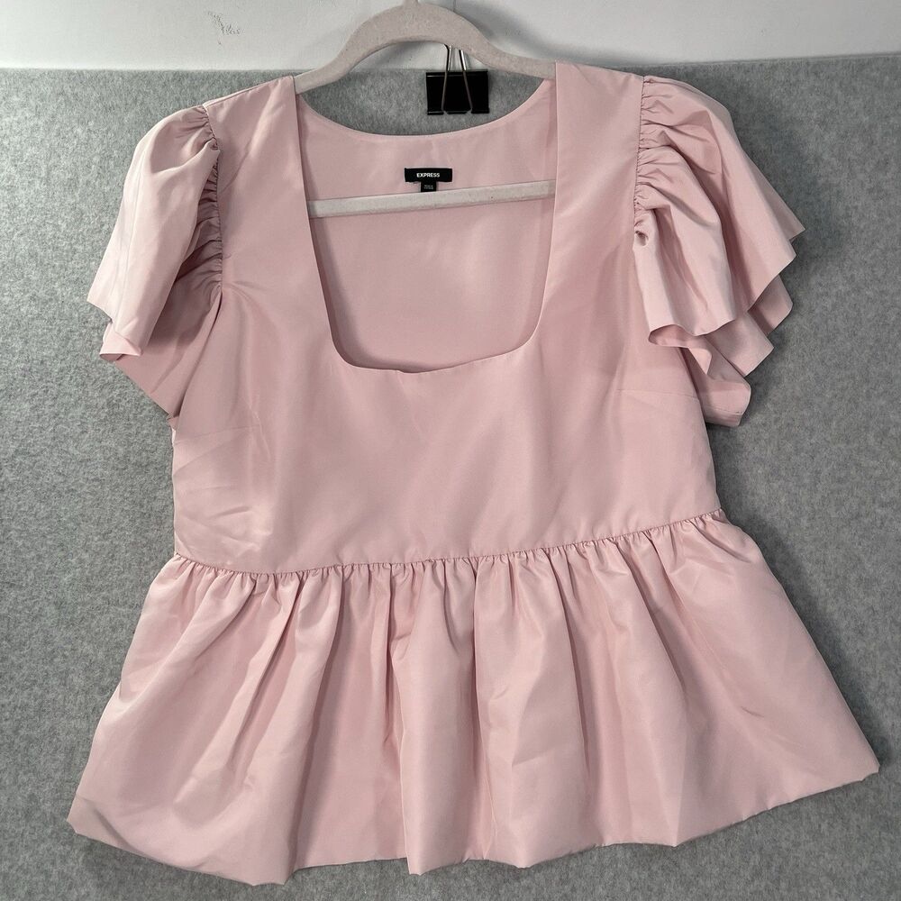 Express Top Women M Blouse Peplum Pink Flutter Sleeve coquette - Picture 2 of 15